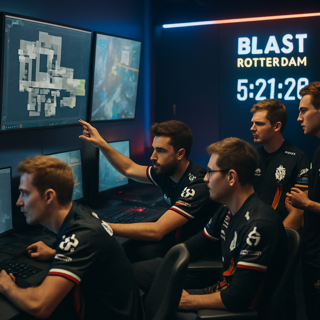 G2 esports team focused on training for BLAST Rotterdam, displaying teamwork and strategic preparation